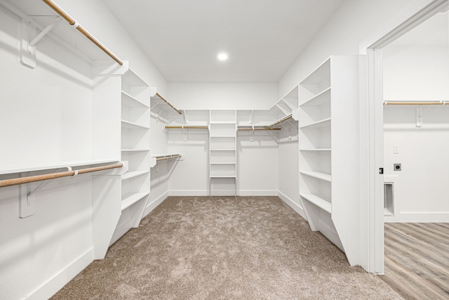 walk in closet with light colored carpet