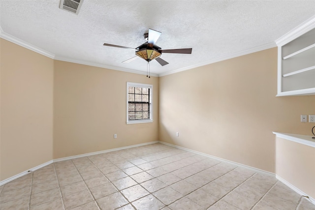 tiled spare room with ornamental molding, a textured ceiling, and ceiling fan