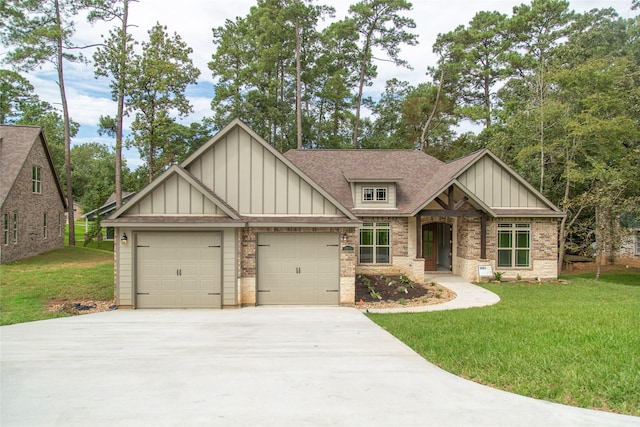 craftsman-style house with an attached garage, a front lawn, board and batten siding, and brick siding