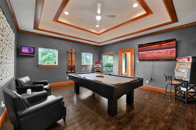 7611 Kings River Ln, Humble, TX 77346 - game room with a tray ceiling, billiards, ceiling fan, wood finished floors, and baseboards