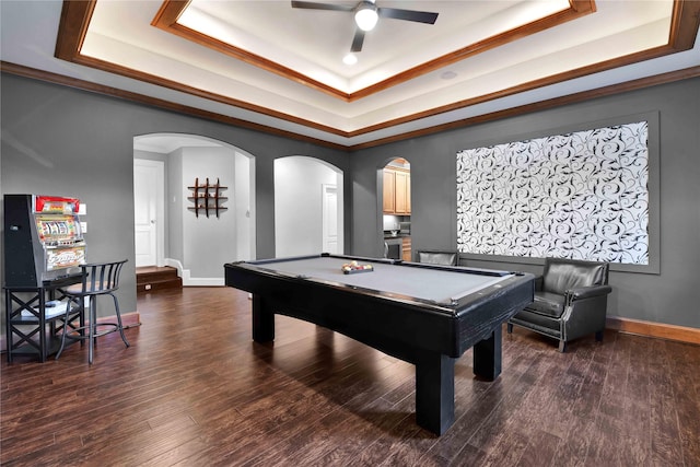 7611 Kings River Ln, Humble, TX 77346 - rec room featuring a tray ceiling, arched walkways, pool table, ceiling fan, and ornamental molding