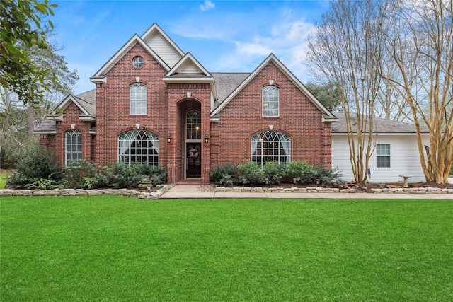 traditional-style house featuring a front yard, brick siding, and roof with shingles