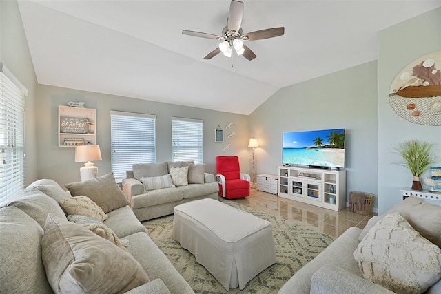 23178 Fresca St, Galveston, TX 77554 - tiled living room featuring vaulted ceiling and a ceiling fan