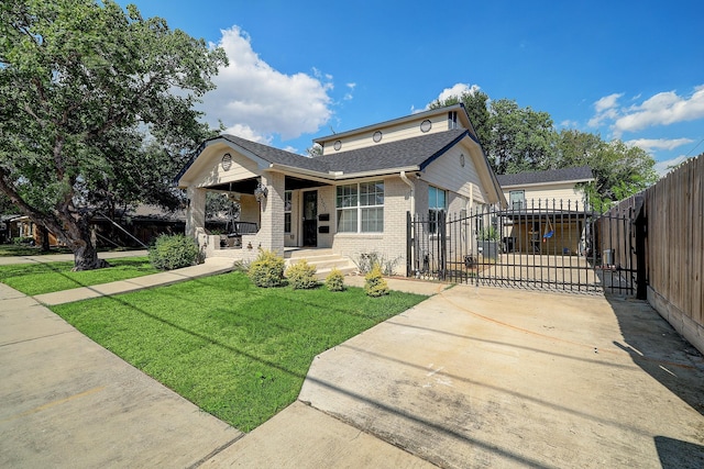 bungalow-style home with a porch and a front lawn