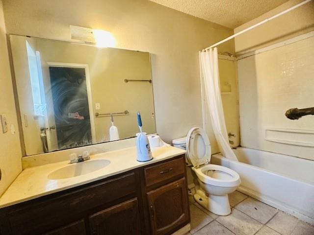 full bathroom with shower / bath combination with curtain, vanity, toilet, tile patterned floors, and a textured ceiling