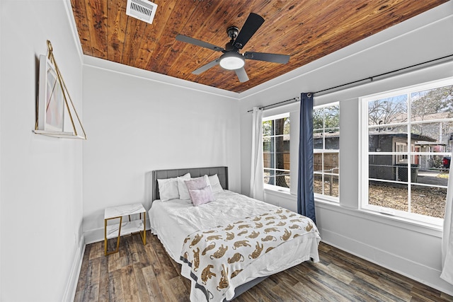 bedroom with ceiling fan, dark hardwood / wood-style floors, and wood ceiling