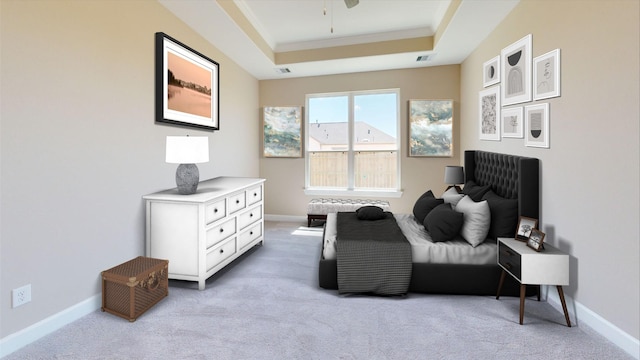 living area featuring ornamental molding, light colored carpet, a raised ceiling, and ceiling fan