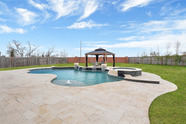 view of swimming pool featuring a lawn, a gazebo, a patio area, pool water feature, and an in ground hot tub