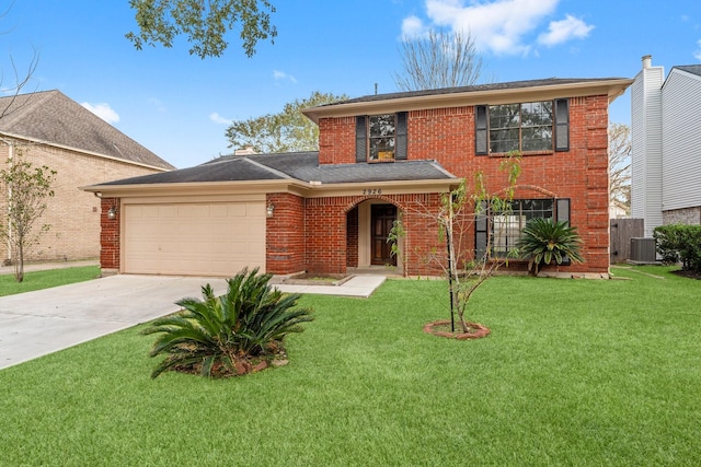 view of front of home with a garage, central air condition unit, and a front lawn