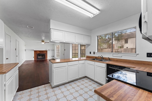 kitchen featuring kitchen peninsula, sink, a textured ceiling, and white cabinets