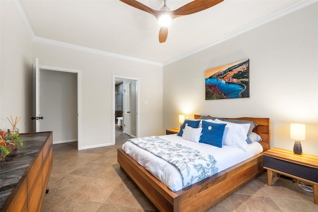 bedroom with a ceiling fan, baseboards, and crown molding