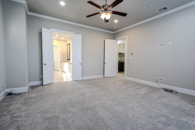 unfurnished bedroom with light carpet, ensuite bath, ornamental molding, and ceiling fan