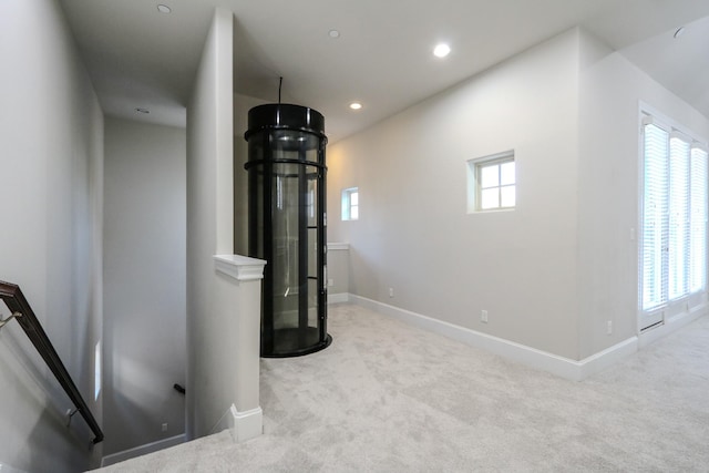 exercise area featuring a wealth of natural light and light colored carpet