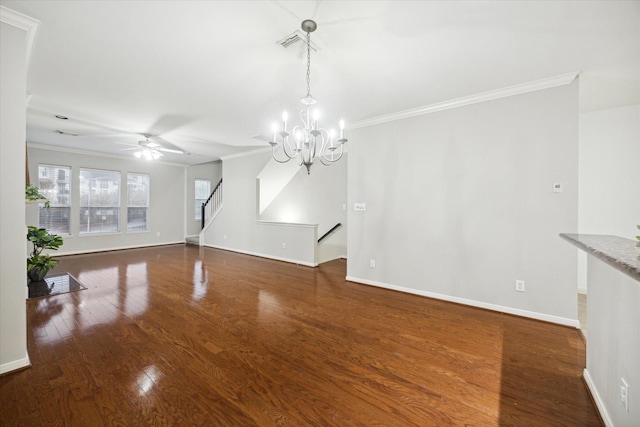 unfurnished living room featuring dark hardwood / wood-style flooring, crown molding, and ceiling fan with notable chandelier