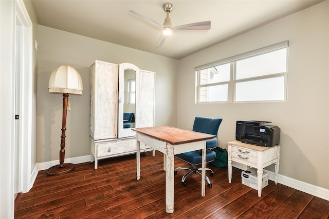 office area featuring dark hardwood / wood-style floors and ceiling fan