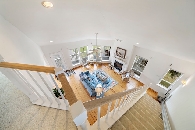 living room featuring wood-type flooring and vaulted ceiling