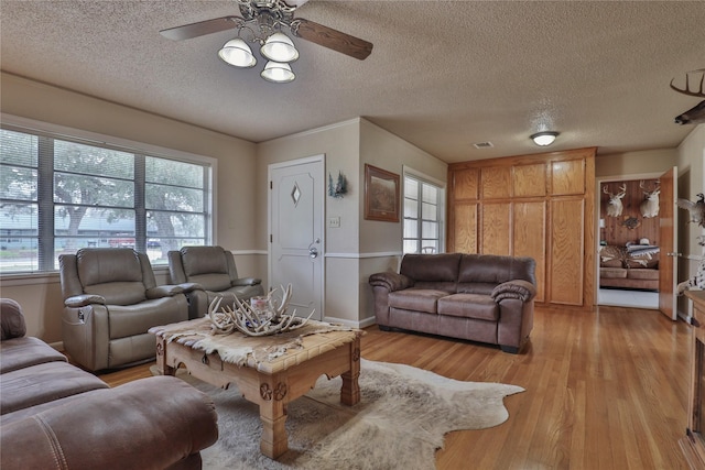 living room with ceiling fan, light hardwood / wood-style floors, and a textured ceiling