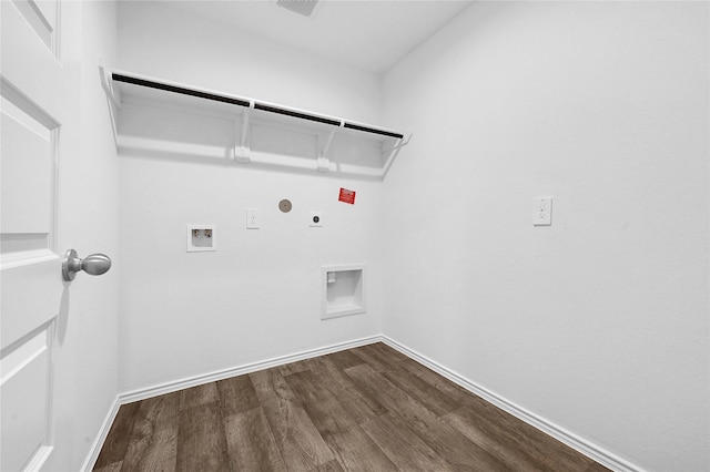 clothes washing area featuring hardwood / wood-style floors, hookup for a gas dryer, hookup for a washing machine, and hookup for an electric dryer