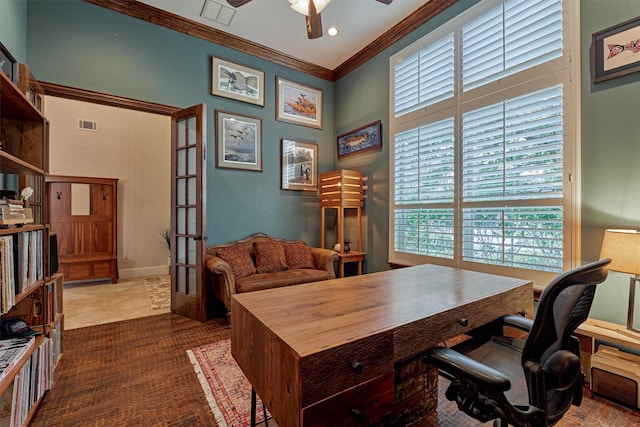 office with ceiling fan, visible vents, baseboards, french doors, and ornamental molding