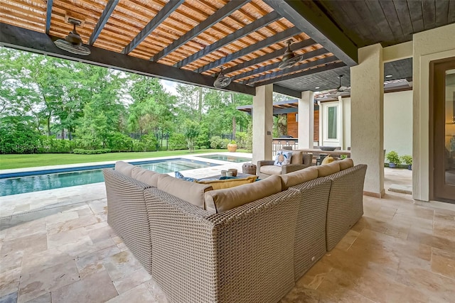 view of patio with ceiling fan, a pergola, an outdoor living space, and an outdoor pool