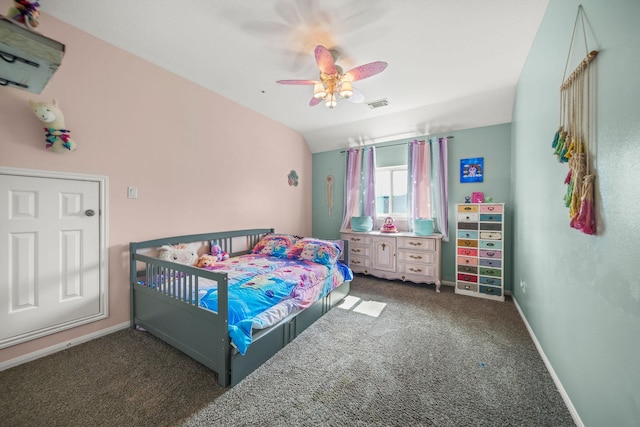 bedroom featuring vaulted ceiling, ceiling fan, and dark carpet