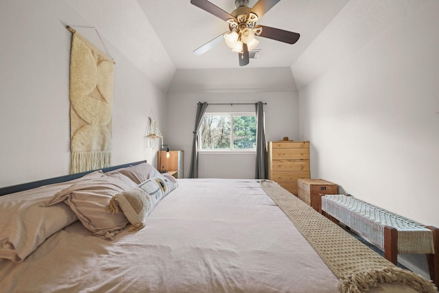 bedroom featuring lofted ceiling and ceiling fan