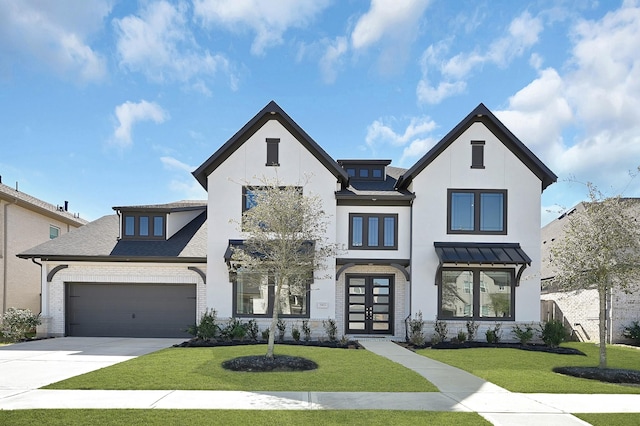 modern farmhouse style home with a front yard and french doors