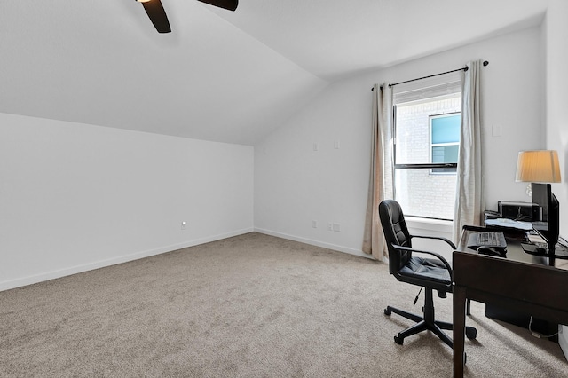 office area with lofted ceiling, light colored carpet, and ceiling fan