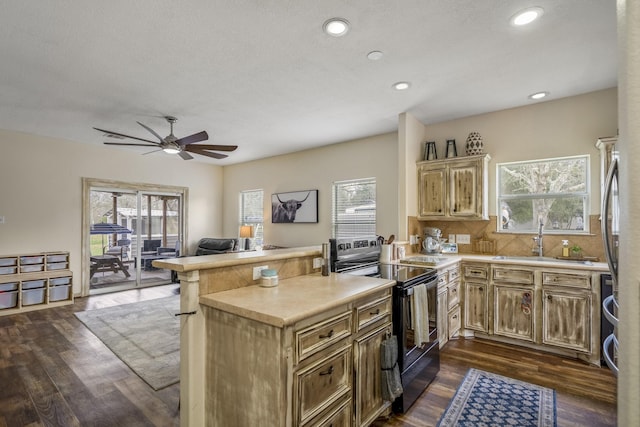 kitchen with plenty of natural light, kitchen peninsula, sink, and stainless steel electric range