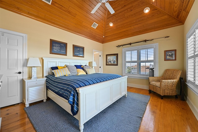 bedroom featuring light wood-type flooring, lofted ceiling, ceiling fan, and wood ceiling