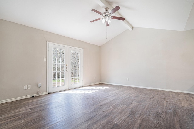 unfurnished room with lofted ceiling with beams, dark hardwood / wood-style floors, ceiling fan, and french doors