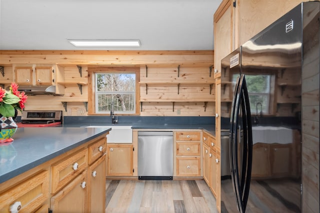 kitchen featuring appliances with stainless steel finishes, sink, light hardwood / wood-style floors, and plenty of natural light