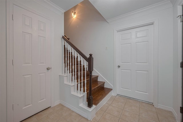 7816 Stoneyway Dr, Houston, TX 77040 - stairs with tile patterned floors, ornamental molding, and baseboards