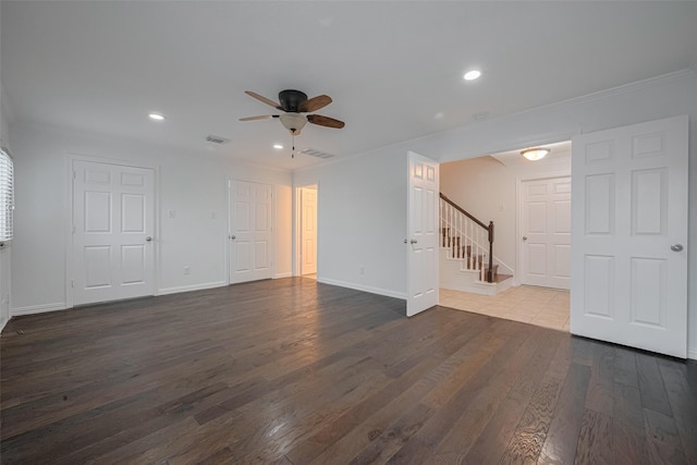 7816 Stoneyway Dr, Houston, TX 77040 - unfurnished living room with stairway, ceiling fan, dark wood-style floors, recessed lighting, and baseboards