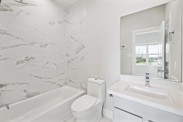 full bathroom with tiled shower / bath, vanity, and toilet