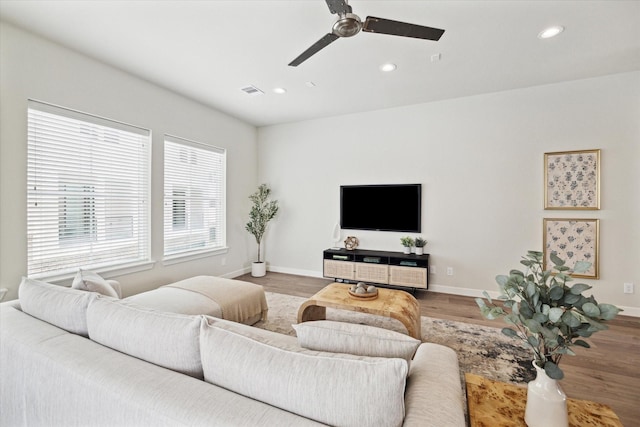 living room featuring ceiling fan and wood-type flooring