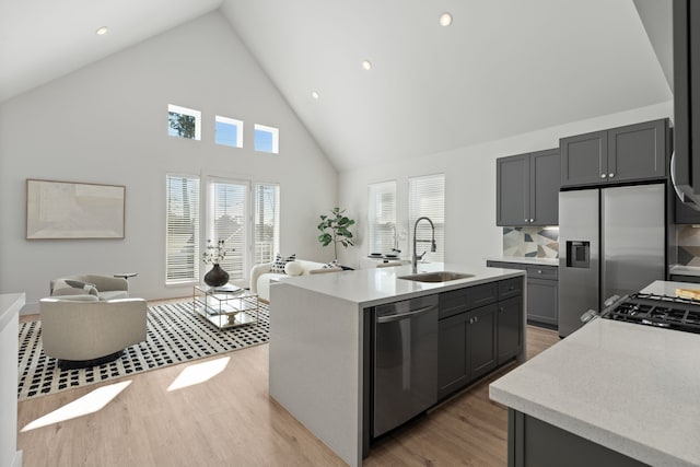 kitchen with a kitchen island with sink, a sink, open floor plan, light countertops, and appliances with stainless steel finishes