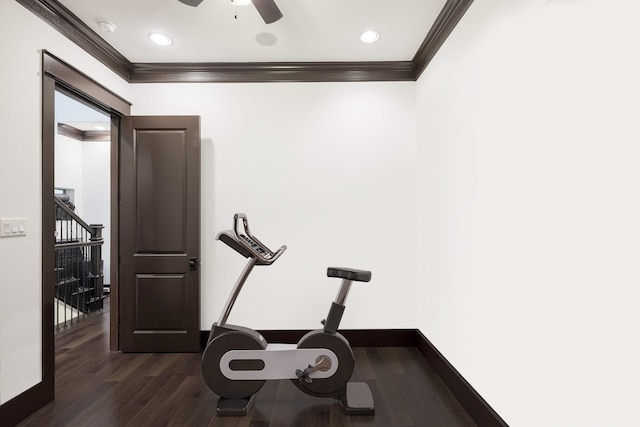 workout room featuring crown molding, baseboards, ceiling fan, and dark wood-type flooring