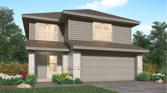 view of front facade featuring an attached garage, driveway, roof with shingles, and brick siding