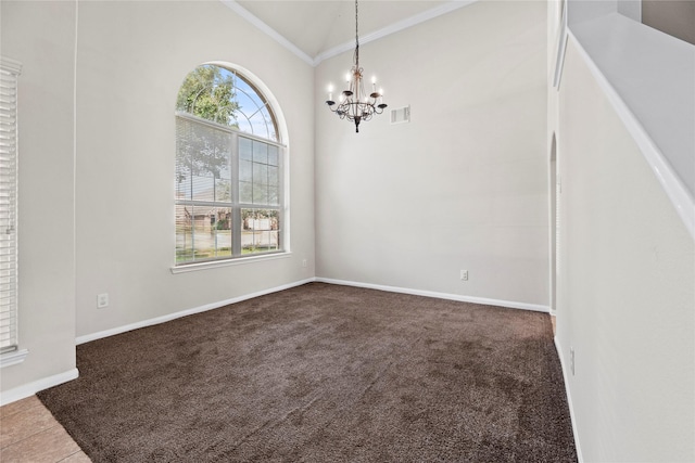 unfurnished dining area featuring vaulted ceiling, ornamental molding, a chandelier, and carpet