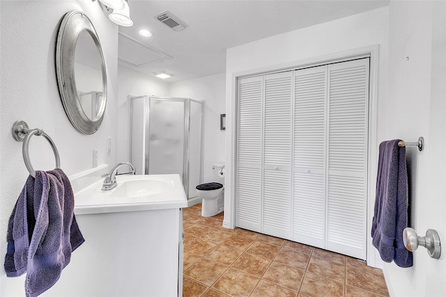 bathroom featuring a stall shower, visible vents, toilet, tile patterned flooring, and a closet