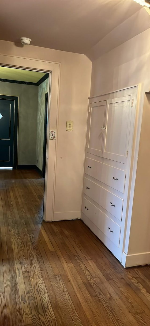 interior space featuring lofted ceiling, dark wood finished floors, and baseboards