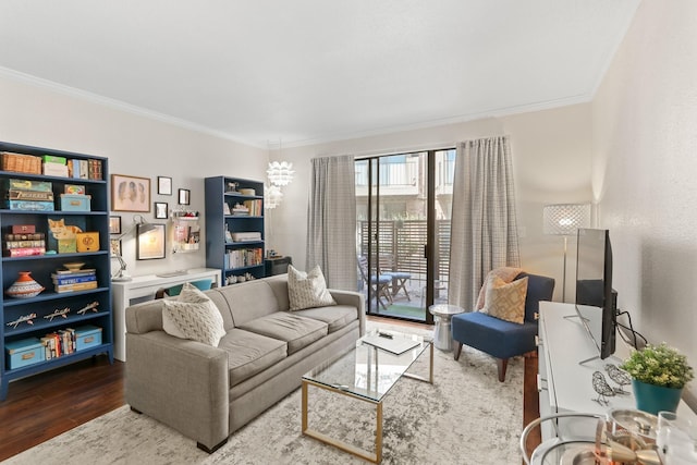 living room featuring wood-type flooring and crown molding