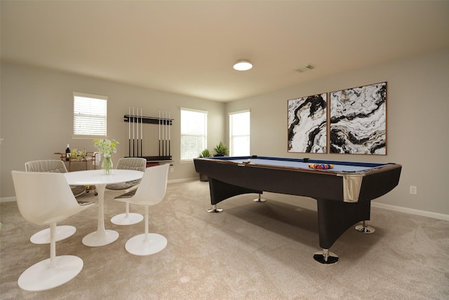 recreation room with light colored carpet and billiards