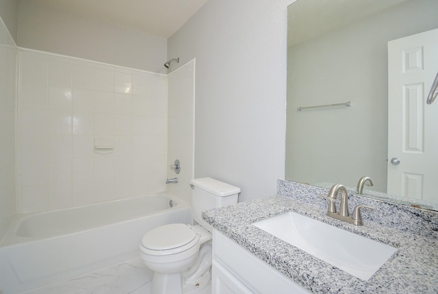 full bathroom with vanity,  shower combination, and toilet