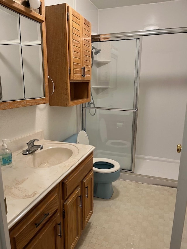 bathroom featuring vanity, toilet, and a shower with door