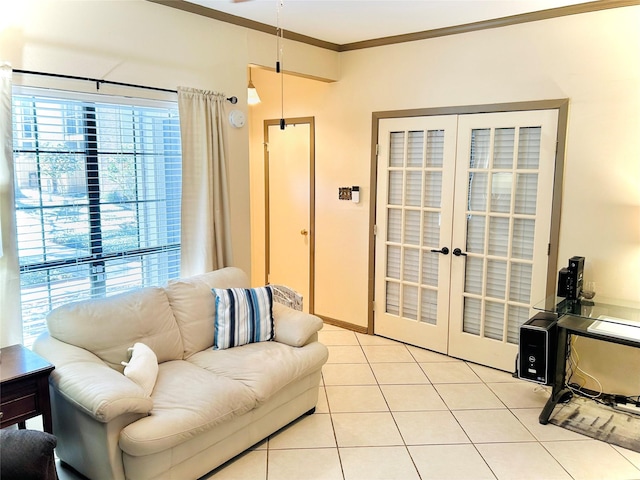 living room featuring french doors, crown molding, and light tile patterned floors