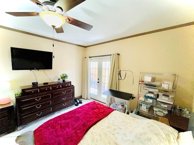 bedroom with ceiling fan, access to outside, french doors, and crown molding