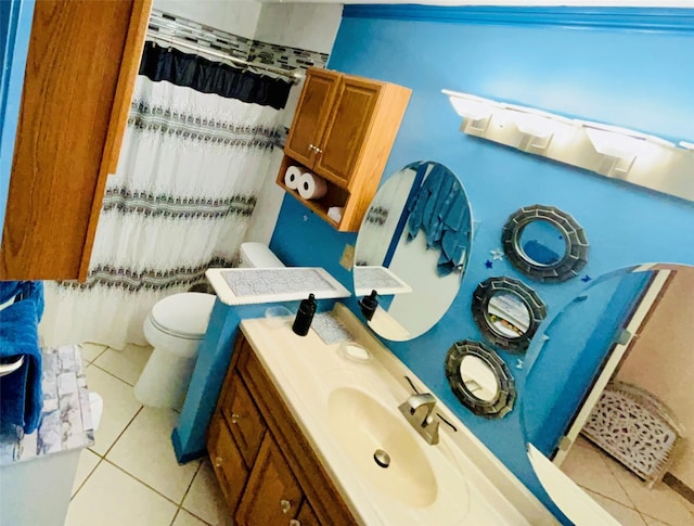 full bathroom with toilet, a shower with curtain, tile patterned flooring, and vanity