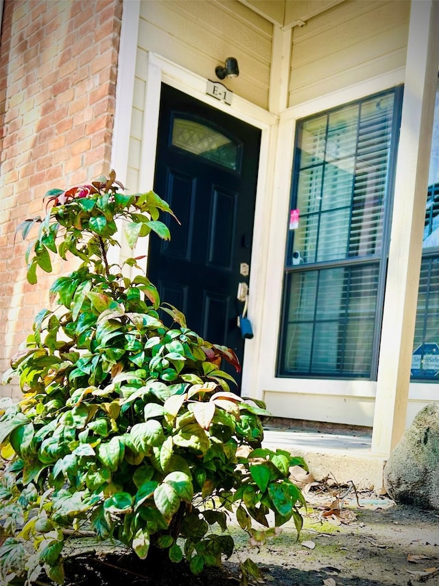 view of exterior entry with brick siding